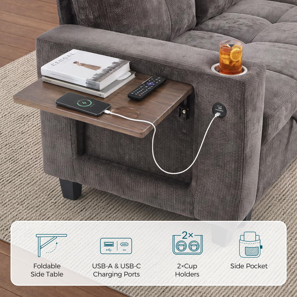 Modular Sectional Sofa Bed, Chenille Pull Out Couch 2 Seat Grey