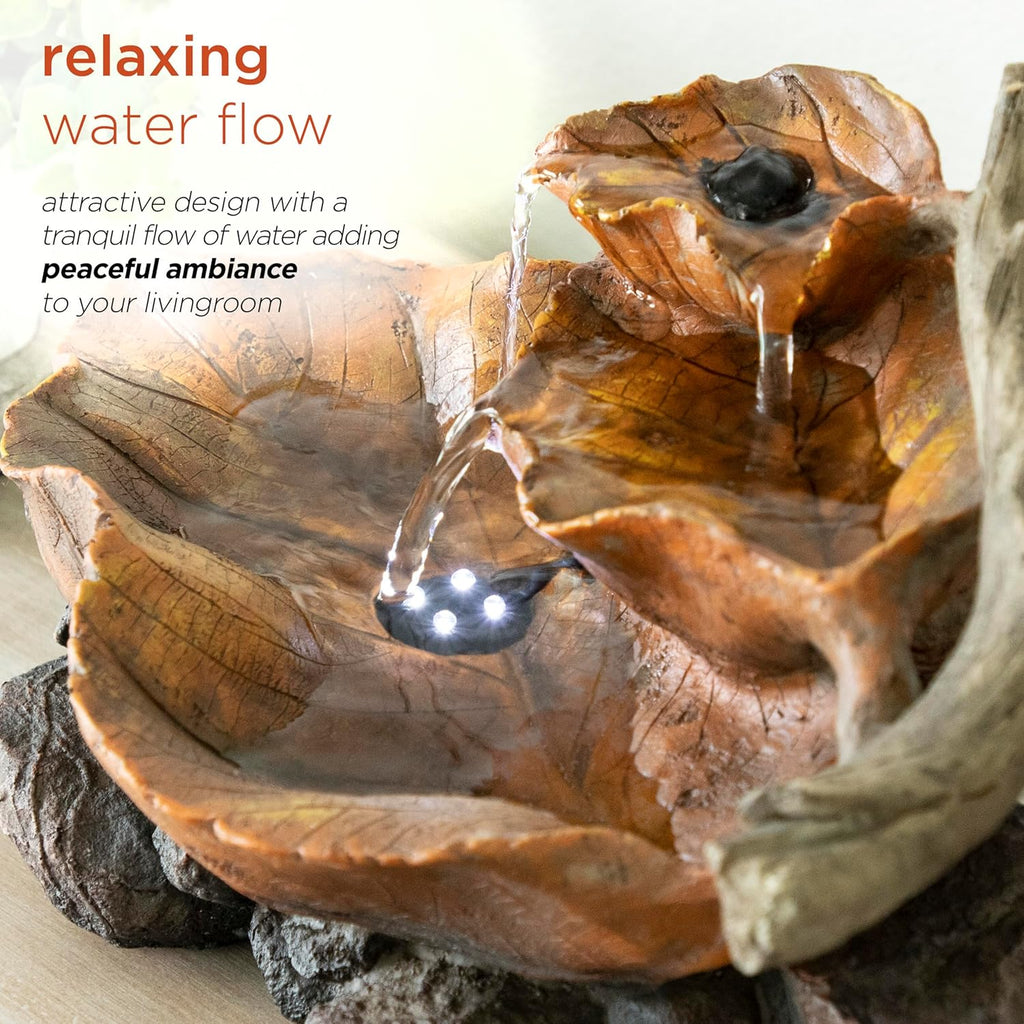9" Tall Indoor Tabletop Tiered Leaf Hand-Painted Fountain with LED Lights
