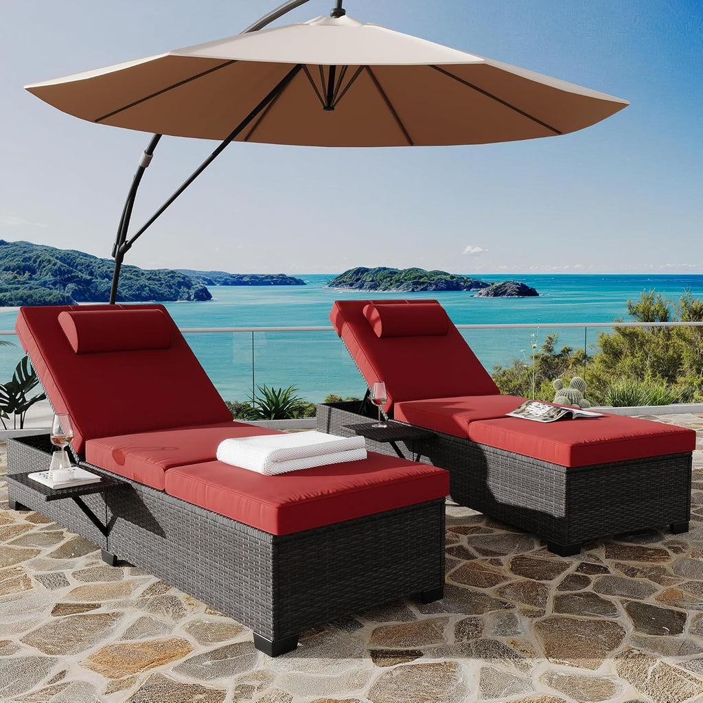 Outdoor PE Wicker Chaise Lounge Chairs, Set of 2, Brown Rattan, Modern Style, Adjustable Backrest