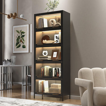 76.75'' Tall 5-Tier Iron Barrister Bookcase, Display Cabinet with LED Strips, Flip-Up Slide-In Glass Doors & Vintage