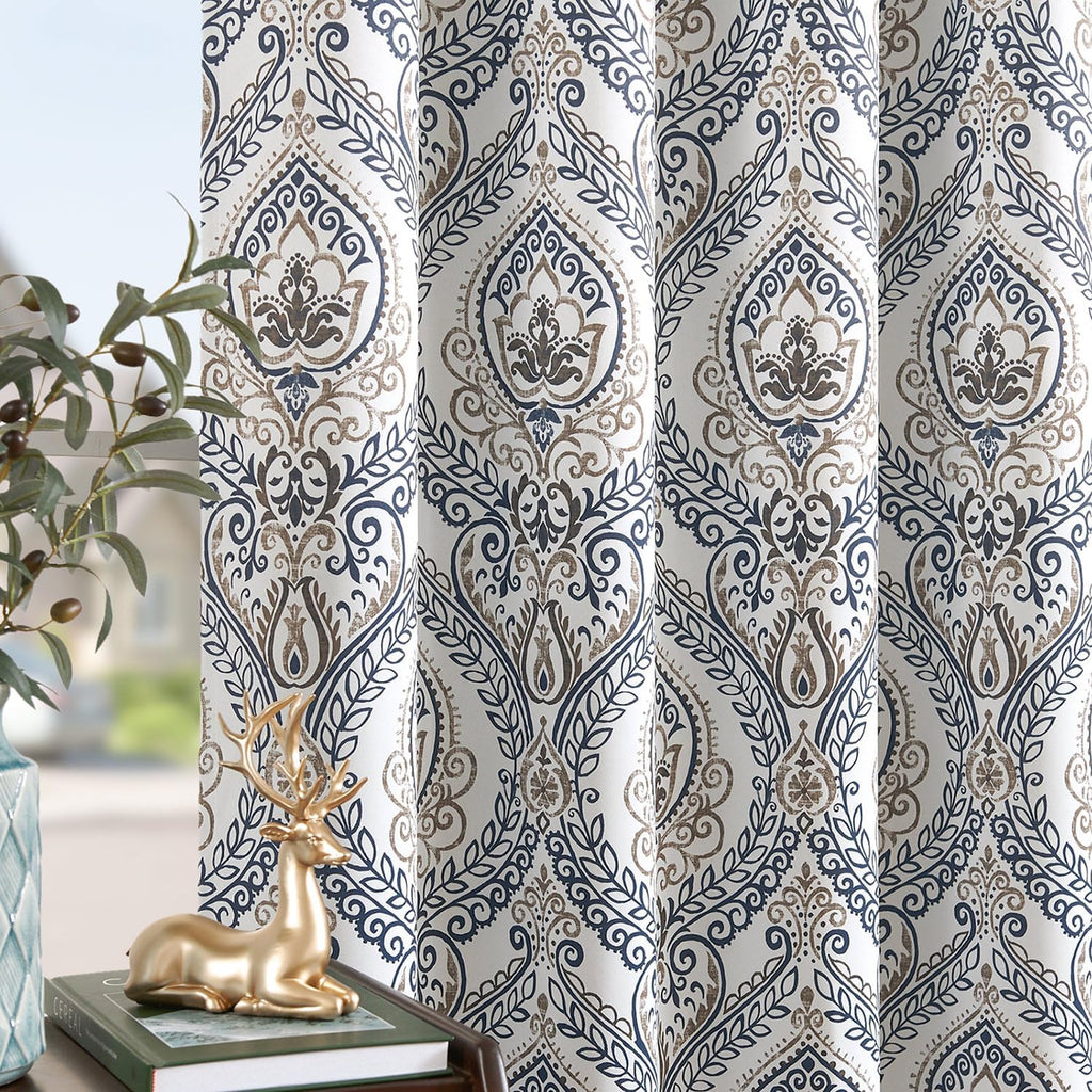 Blackout Curtains Blue Damask Medallion Curtain for Bedroom Black Out Drapes Printed Vintage Luxury