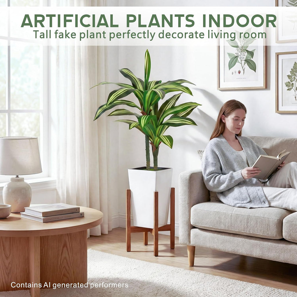 4FT Dracaena Artificial Plant, with White Tall Planter | Fake Tree Indoor,Lifelike Leaves,Leaves Are Easy to