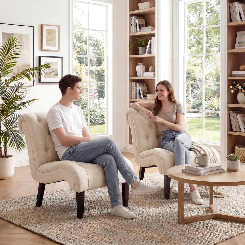 Mid Century Modern Accent Chair, Button Tufted Armless Lounge Chair, Upholstered Linen Side Chair with Solid Wood Legs