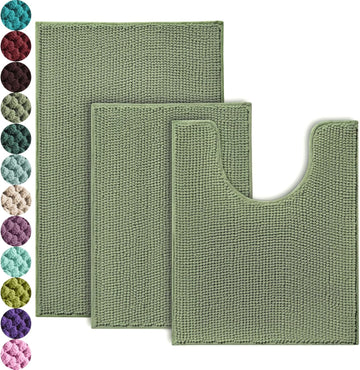 Bathroom Rugs Sets 3 Piece, Non-Slip Chenille Bath Rug - Ultra Soft, Washable, Super Absorbent Bath Mat , Toilet and