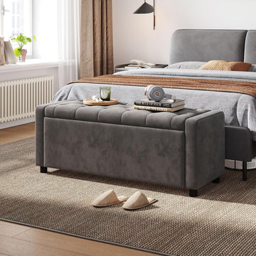 49" Velvet Ottoman with Storage, Upholstered End of Bed Storage Bench, Large Ottoman Foot Rest , Dark Grey