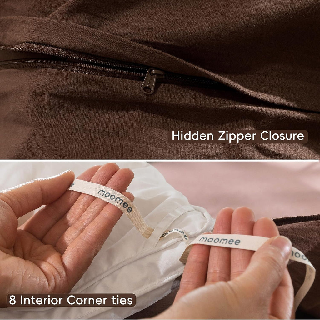 Bedding Duvet Cover Set 100% Washed Cotton Linen Like Textured Breathable Durable Soft Comfy (Solid Cocoa Brown