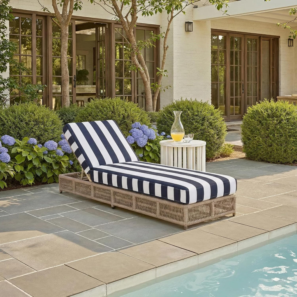 Outdoor Chaise Lounge Chair - Heather Tan & Navy Stripe - Steel and Woven Rope - Adjustable 5-Position