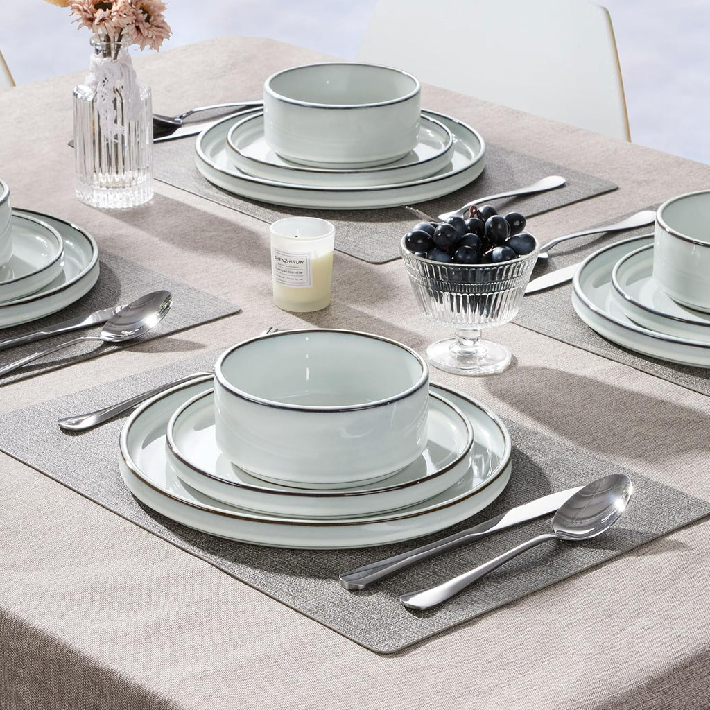 12 Pieces Stoneware Dinnerware Set for 4, Ceramic Dinner Dishware SetsPlates and Bowls with Rustic Terracotta Bottom