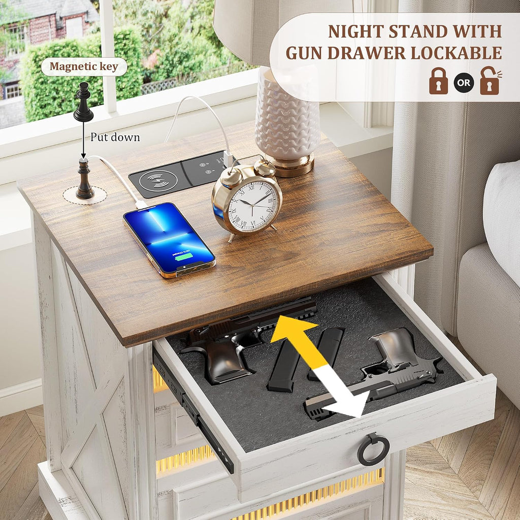 Farmhouse Night Stand Set 2 with Gun Drawer | Bedside Table with Charger Station, LED Nightstand with Human Sensor