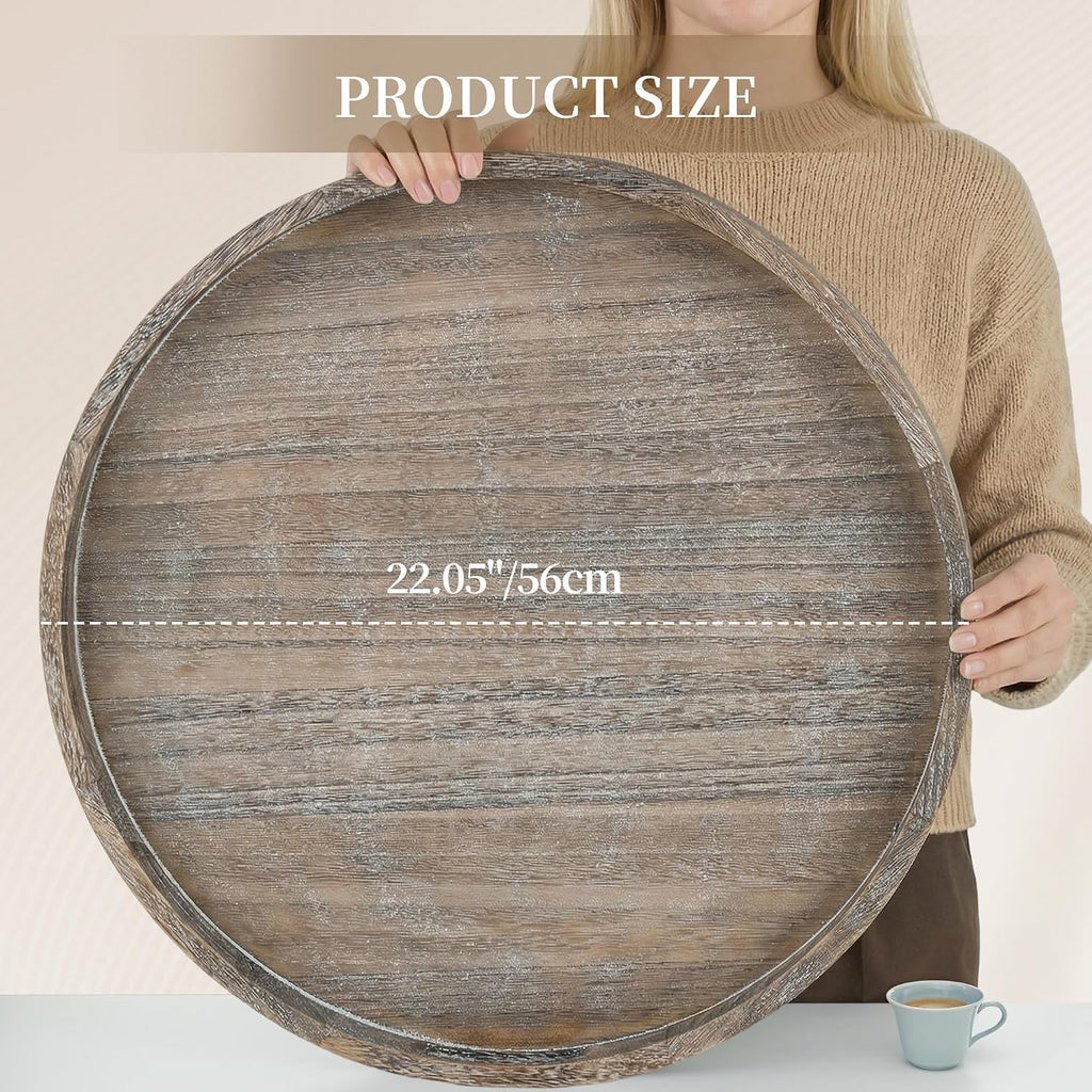 Wood Decorative Ottoman Tray with Handles, Round | 22" Large Coffee Table Tray Farmhouse Rustic Round Topper Decor