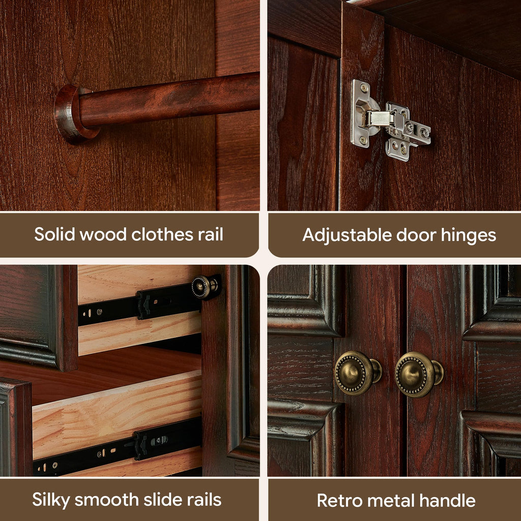 Solid Wood 4 Door Wardrobe Armoire,Vintage Cherry Finish