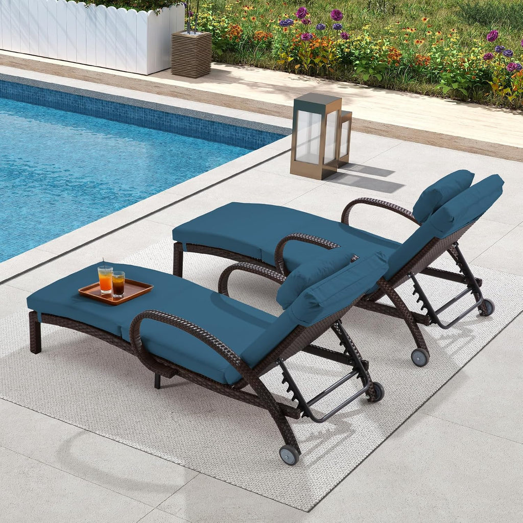 Pool Outdoor Lounge Chairs Set of 2,Outdoor Chaise Lounge w/ 5 Adjustable Back,Wicker Patio Pool Lounge Chair with