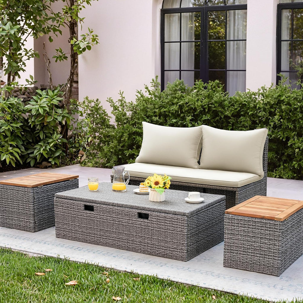 Outdoor Rattan Daybed with 2 Side Tables, Multifunctional Wicker Patio Sofa with Storage Ottoman, Cushions