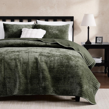 Velvet California Oversized Quilt Set - Olive Green Striped Pick Stitch Soft Lightweight Bedspread