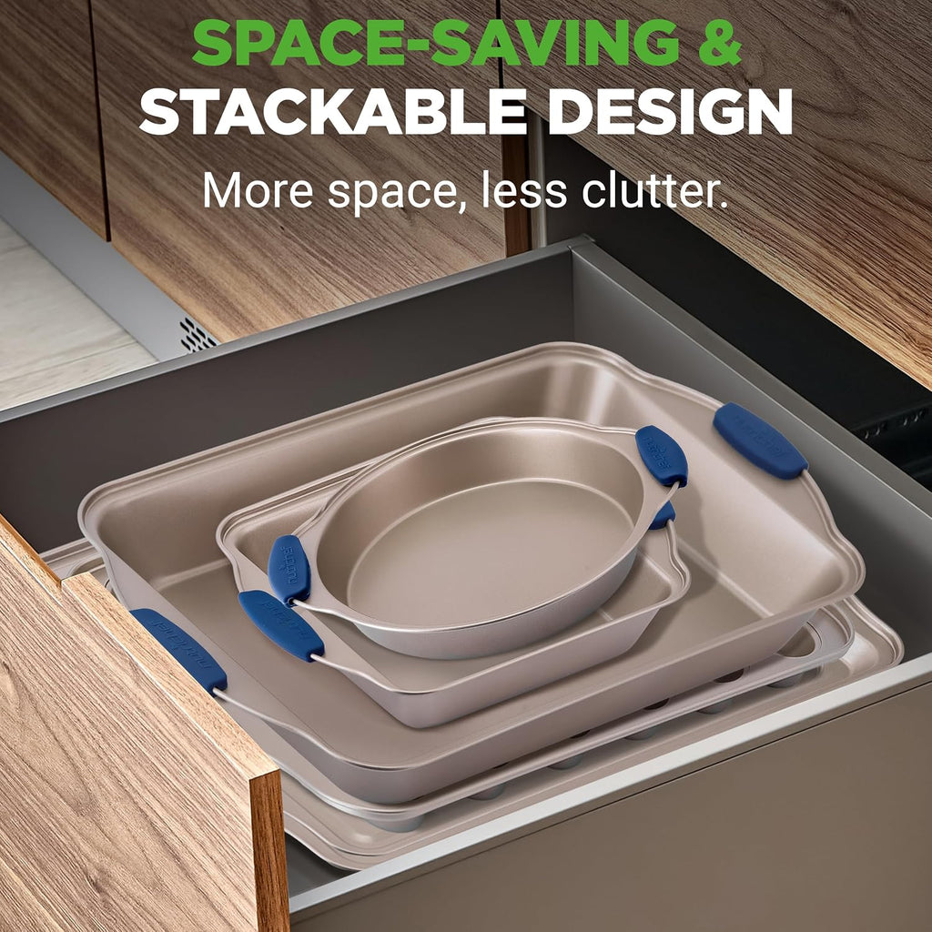Kitchen Oven Pans - Deluxe Nonstick Gold Coating Inside & Outside Carbon Steel Bakeware Set With Blue Silicone