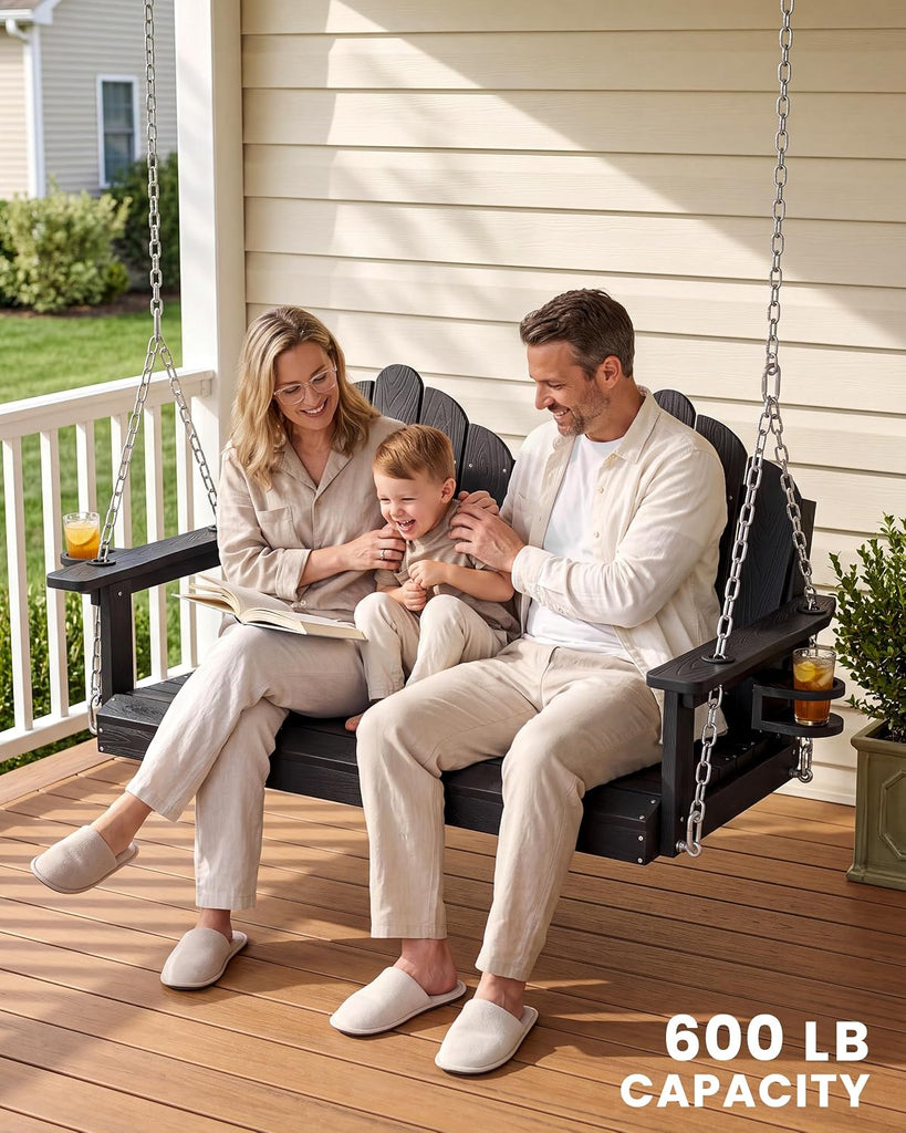 Porch Swing Bench for Adults, HDPE Wood Grain Outdoor Swing, Black | 2 seat for a couple or parent and child; two cup