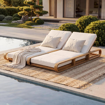 Double Chaise Lounge Chair Outdoor with 4-Position Adjustable Backrest for Each Seat & 3-Fold Cushions, Acacia Wood