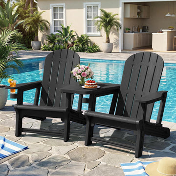 Outdoor Adirondack Chair Set of 2, All-Weather HDPE Patio Furniture with Detachable Table, Wood Texture & Cup
