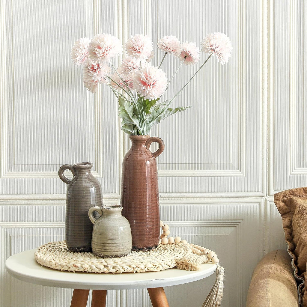 Ceramic Vases Set of 3, Neutral Rustic Farmhouse Vase with Handle, Decorative Flower Vases Home Decor Modern Boho