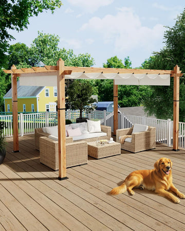 10x13 Ft Outdoor Pergola Faux Wood Grain Aluminum Gazebo with Retractable Canopy for Patio Modern Backyard Deck