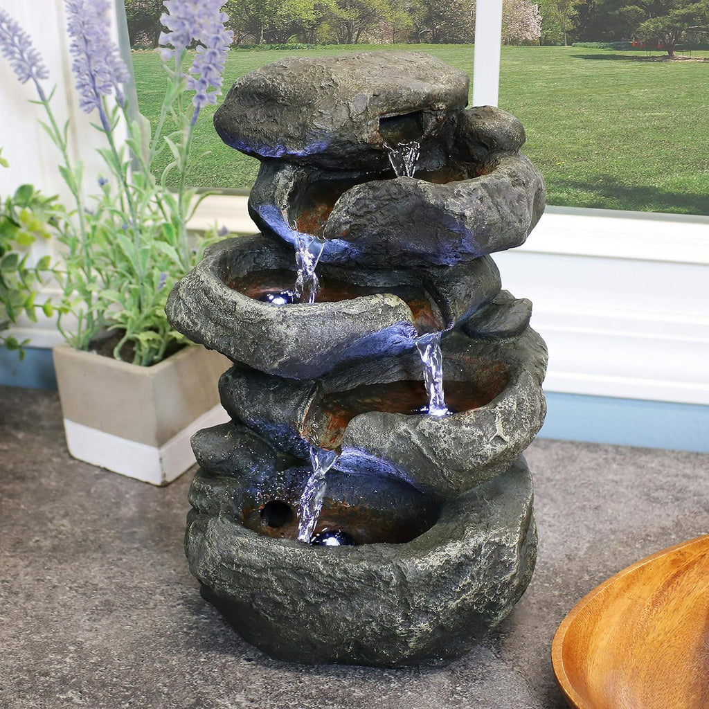 Tabletop Water Fountain - Stacked Rocks 10.5 Inch Relaxing Desktop Water Fountain with LED Lights