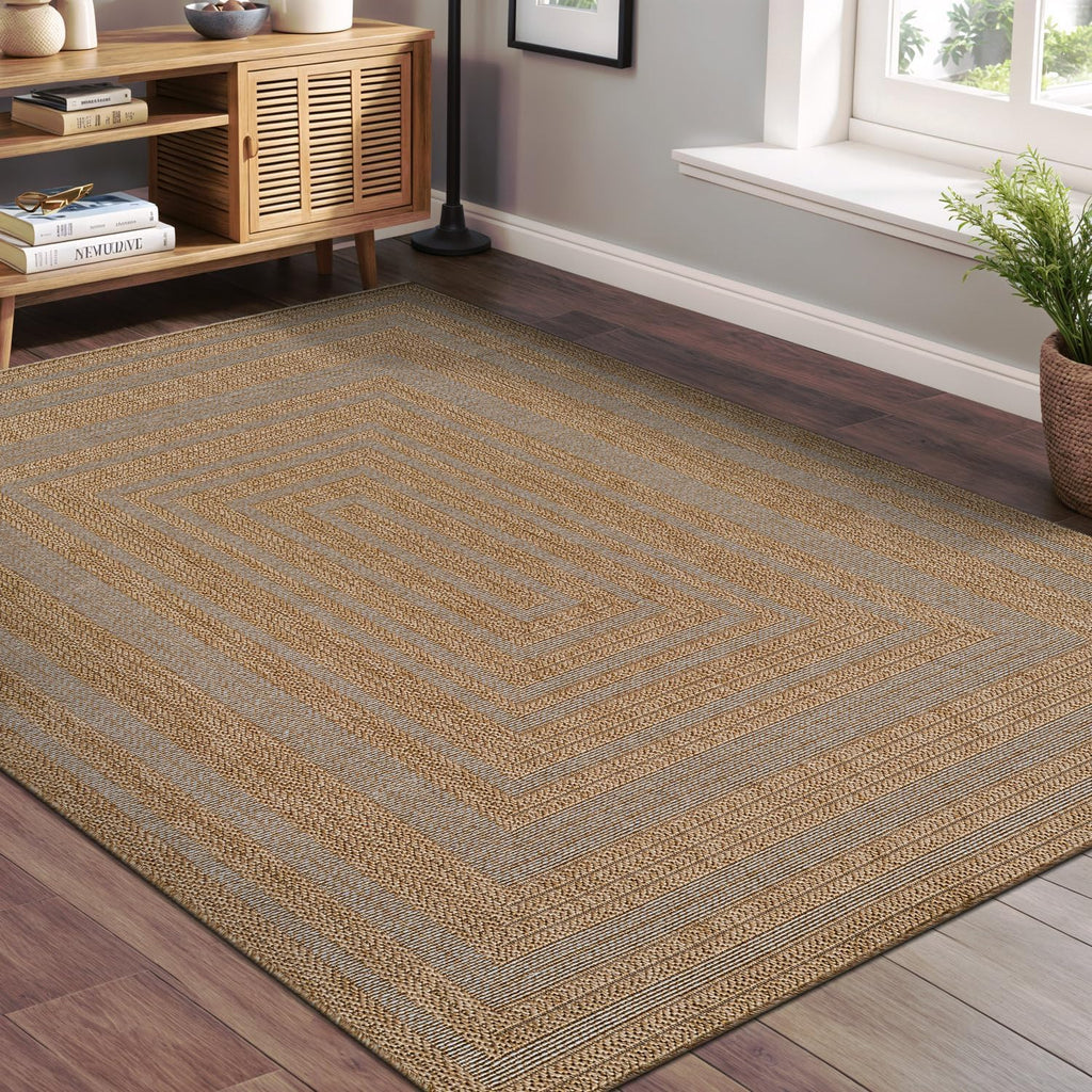 Easy Jute Framed Border Rug 8x10 Washable Durable Indoor Outdoor Area Rugs for Living Dining Room Patio Office Stain
