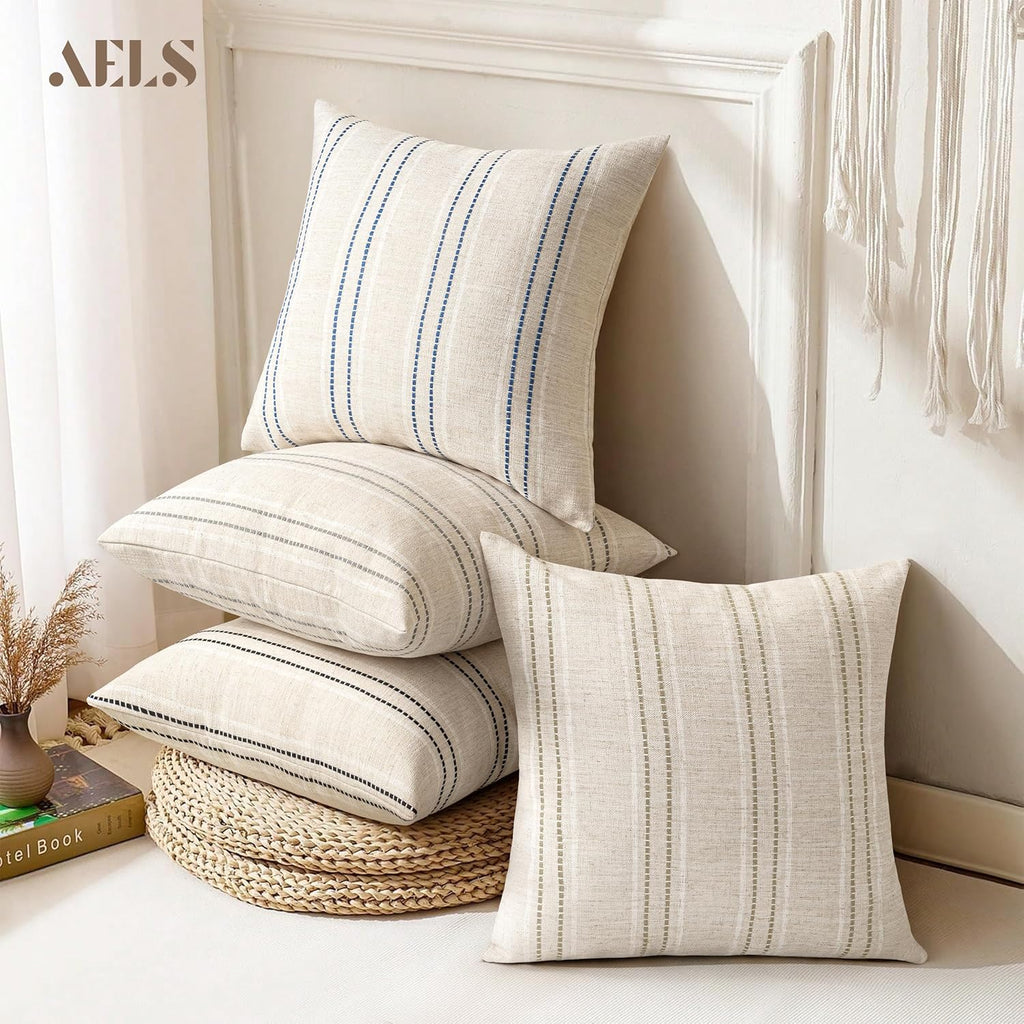 18x18 Decorative Farmhouse Linen Blend Throw Pillow Covers, Boho Textured Pillow Case, Set of 2, Beige with White & Gray Stitch Yarn Dyed Stripe Cushion Cover for Sofa Living Room (Cover ONLY)