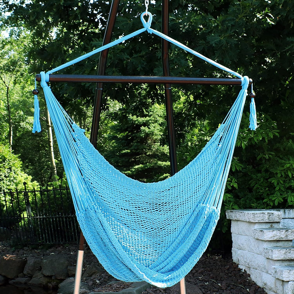 Hanging Hammock Chair Swing , Caribbean, Sky Blue | 300 lb Capacity, Wooden Spreader Bar, Woven Polyester, Hang From