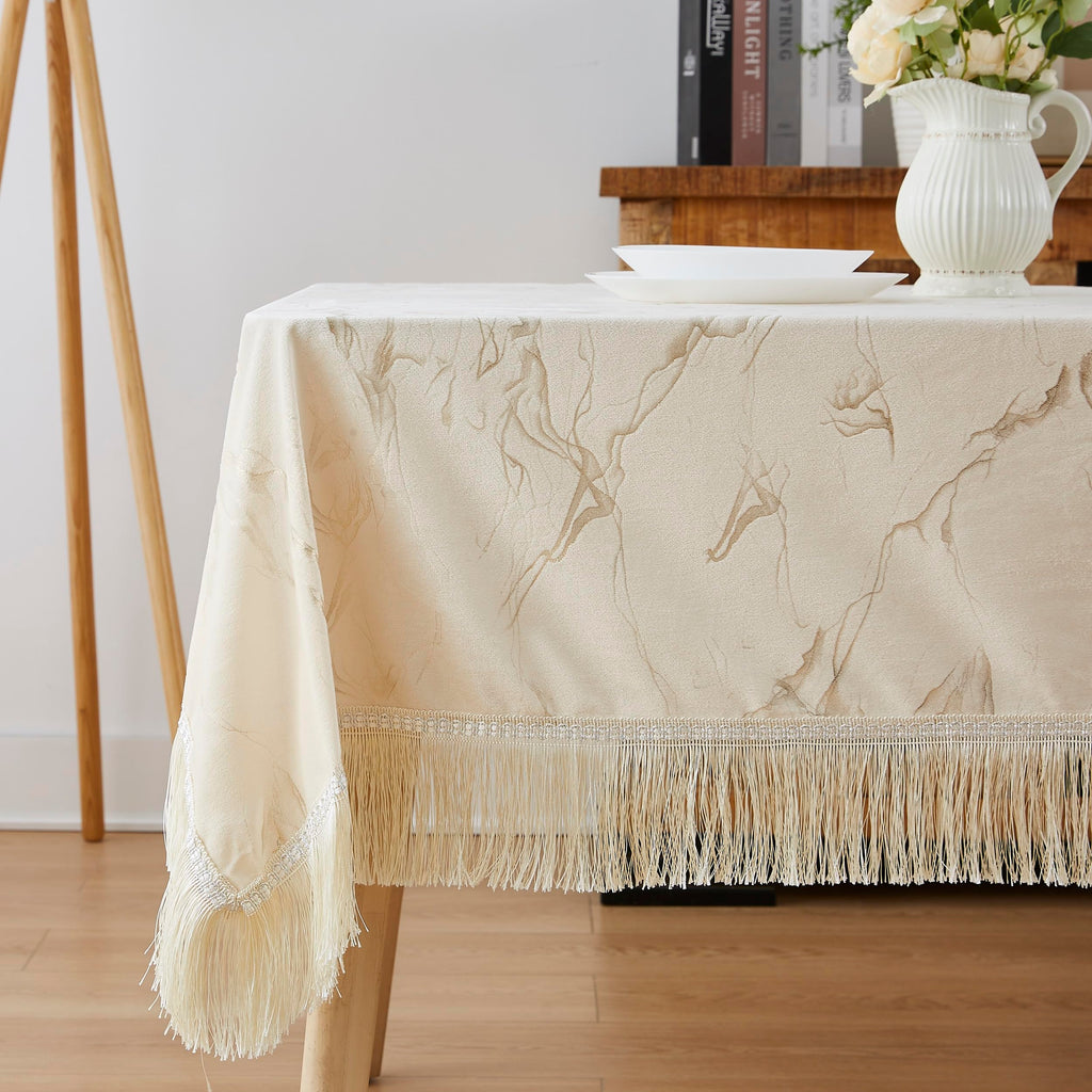 84 Inch Beige Luxurious Velvet Tablecloth. (Iris 60 x 84, Beige)
