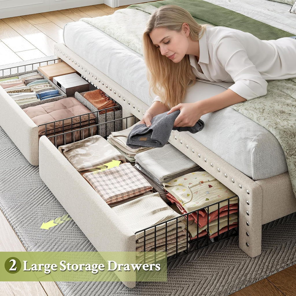 King Bed Frame with 2 Storage Drawers & Upholstered Headboard,No Box Spring Needed, Easy Assembly, Noise Free, Beige