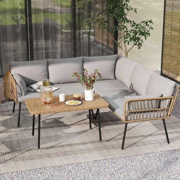 Patio Furniture Set, 4 Pieces Outdoor Patio Conversation Set, All-Weather PE Rattan Sectional L-Shaped Sofa with Soft