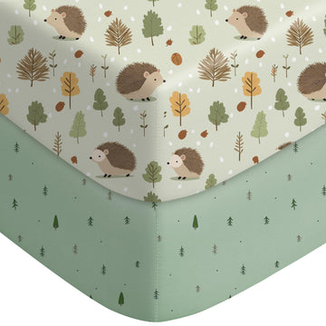 2-pk Crib Sheets for Boys Girls Neutral 52x28 (Green+Hedgehog)