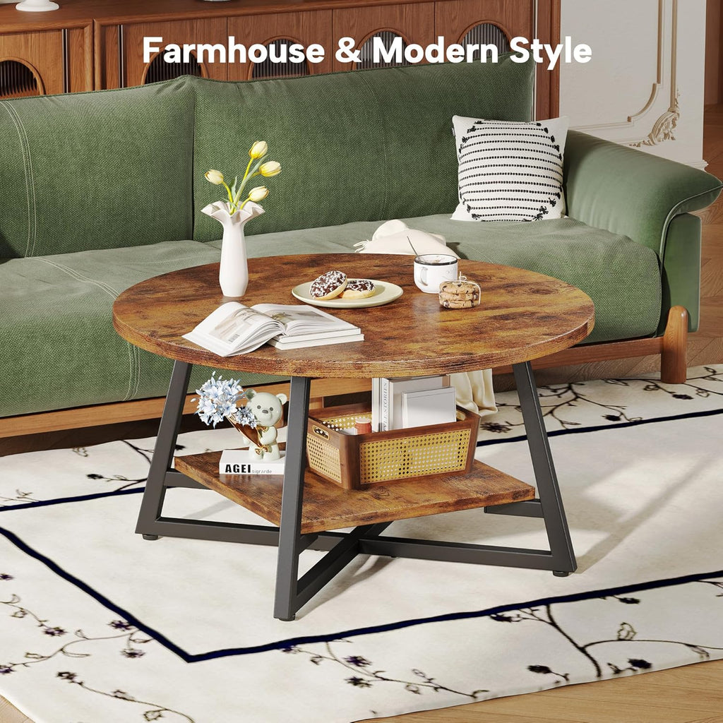 Round Coffee Table, Small Circle Coffee Table with Storage, Modern Wood Round Center Table, Small Space
