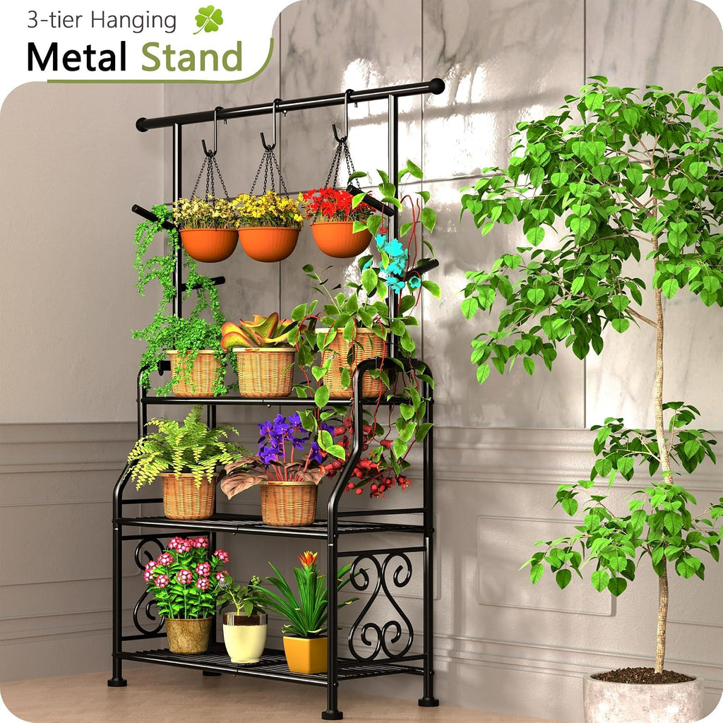 Plant Stand Indoor, 3-Tier Heavy Duty Metal Shelf & Indoor, Tall Plant Holds 14+ Plants with 5 Hooks, Rust-Proof