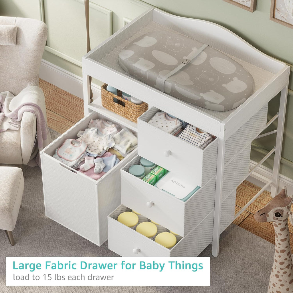 White Changing Table with 3 Fabric Drawers and Laundry Hamper, Baby Dresser with Changing Table Top, Nursery Diaper