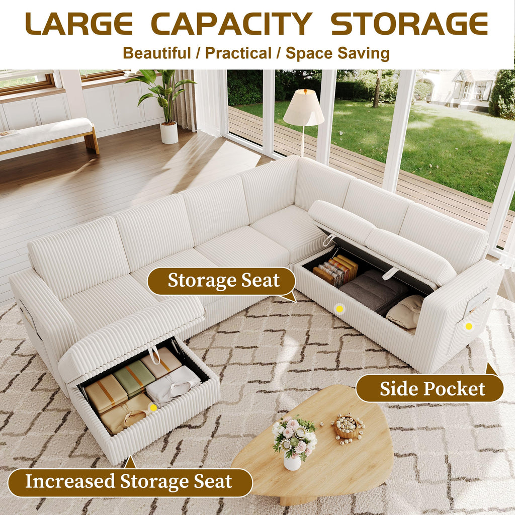 Sectional Sleeper Sofa, Pull Out Couch with Storage, Lvory, 7 Seat