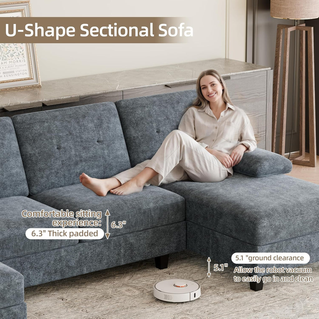 U-Shaped Sectional Couches , 4 Seat Sofa with Double Chaise Lounges,Solid Wood Frame Sectional Sofa ,Dark Grey