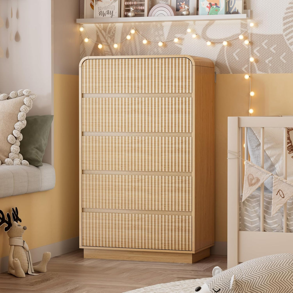 Natural Oak Dresser Fluted Tall 5 Drawer Dresser , Wood Chest of Drawers with Hidden Handles & Rounded Corners