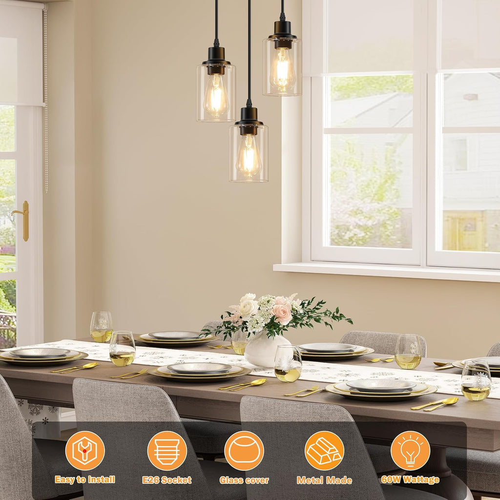 3-Light Pendant Light Fixtures, Black Pendant Lights Kitchen Island, Adjustable Pendant Lighting with Clear Glass