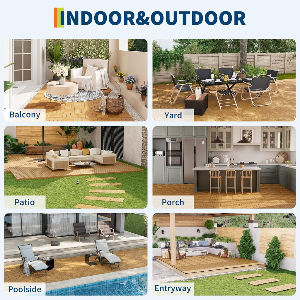22 PCS Acacia Wood Composite Deck Tiles, 12"X12" Solid Wood Interlocking Flooring for Patio & Balcony, All Weather