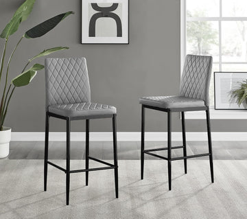 Milan Bar Stools - Contemporary Gray Soft Faux Leather Stools with Black Legs - Set of 2