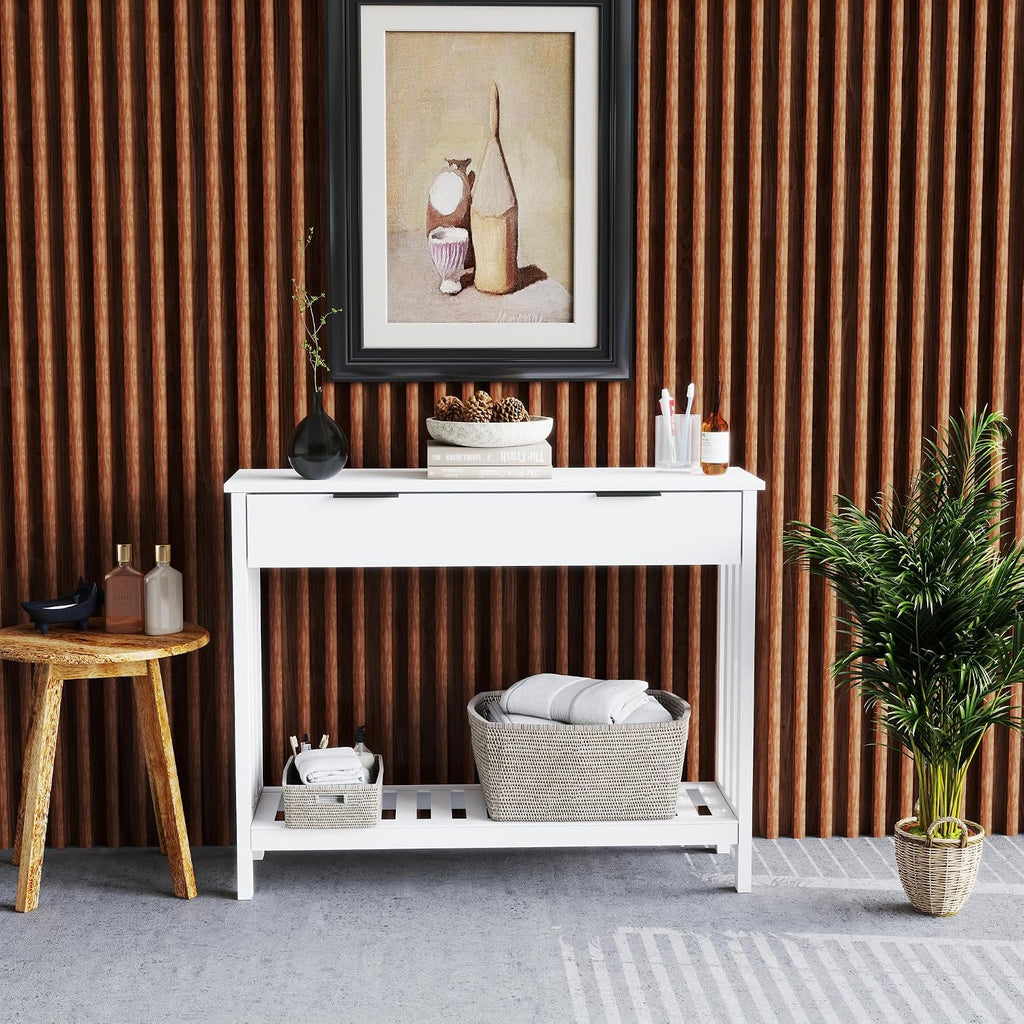 White Narrow Console Table with Drawer Storage Shelf, Modern Wooden Entryway Sofa Table, 39 Inch Slim Behind Couch