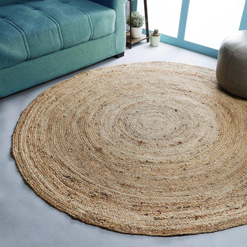 Hand Woven Jute Braided Rug, 6’ Round - Natural, Reversible Boho Entry Area Rugs for Kitchen, Living