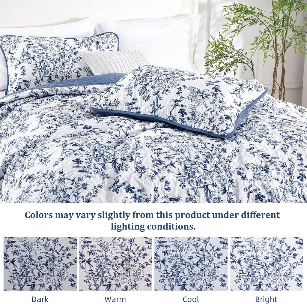 Quilt, Blue Quilt Bedding Set with 2 Pillowcases, Botanical Quilts for Bed, Soft Microfiber Lightweight