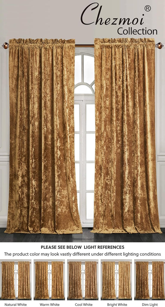 Lux Caramel Gold Crushed Velvet Curtains 2 Panel Set - 96 inches Long Room Darkening Luxury Distressed Velvet Rod