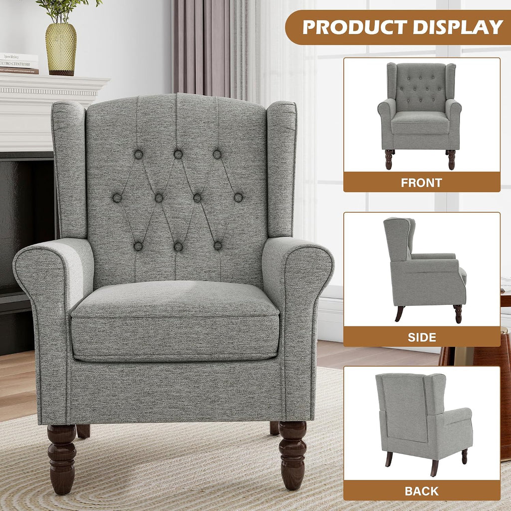 High Back Floral Accent Chair - Retro Wingback Upholstered Armchair with Nailhead Trim, Solid Wood Legs, Fabric