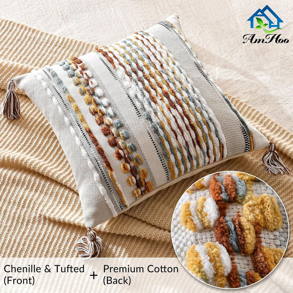 Chenille Striped Textured Boho Throw Pillow Covers Aesthetic with Tassels Woven Decorative Pillow Case