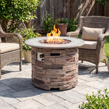 Outdoor Concrete Fire Pit Table w Imitation Stone Surface 32-inch Round Fire Table, Certified, 40, 000 BTU Stainless