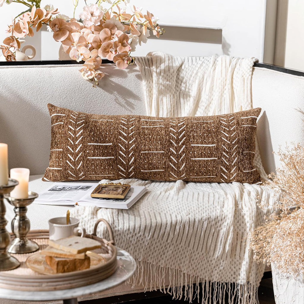 Boho Lumbar Throw Pillow Cover 14X36, Brown Decorative Long Accent Body Lumbar Pillow, Farmhouse Woven Textured