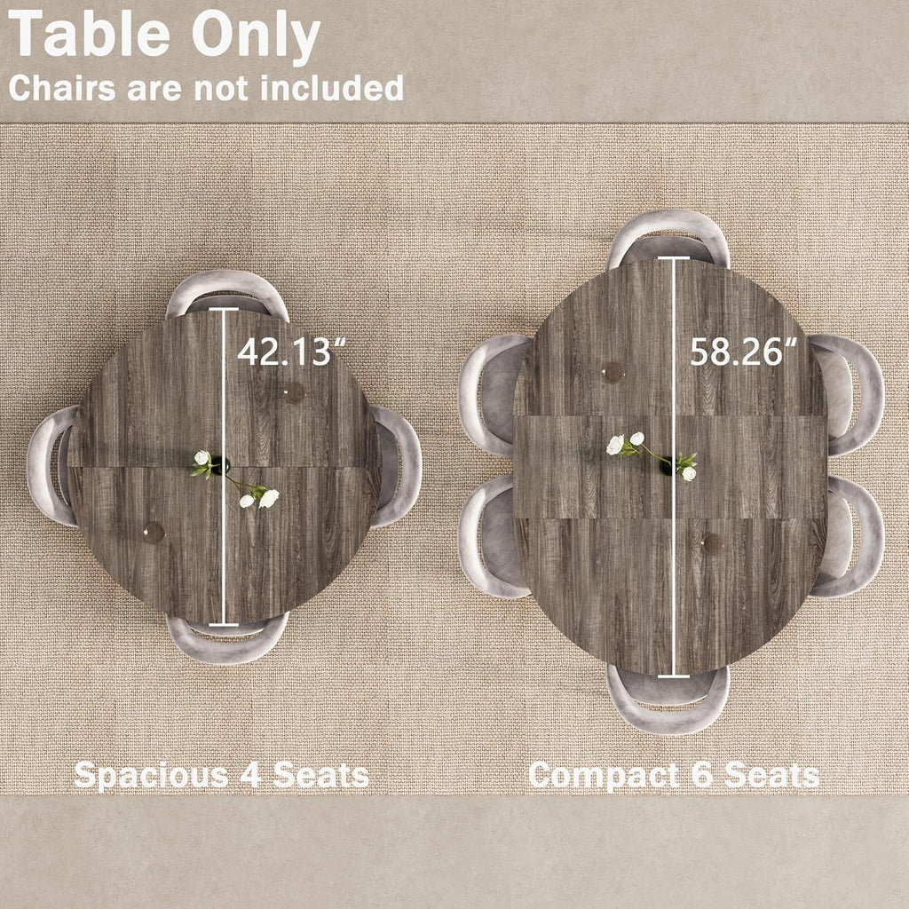 42"-58" Extendable Round Dining Table for 4-6, Kitchen Oval Table with Hidden Leaves & Storage Shelf, Space Saving